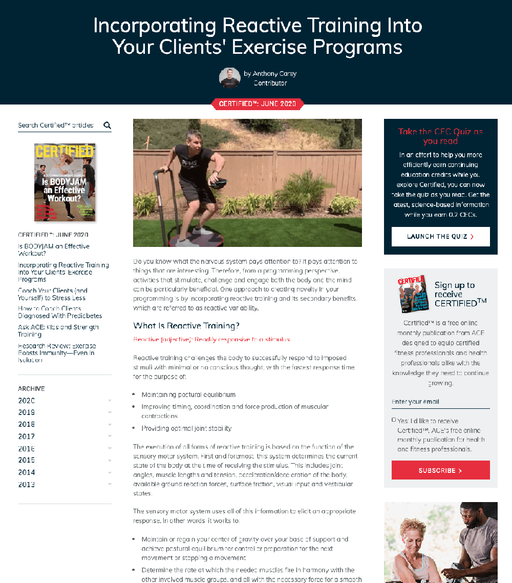 American Council on Exercise study on Reactive Training