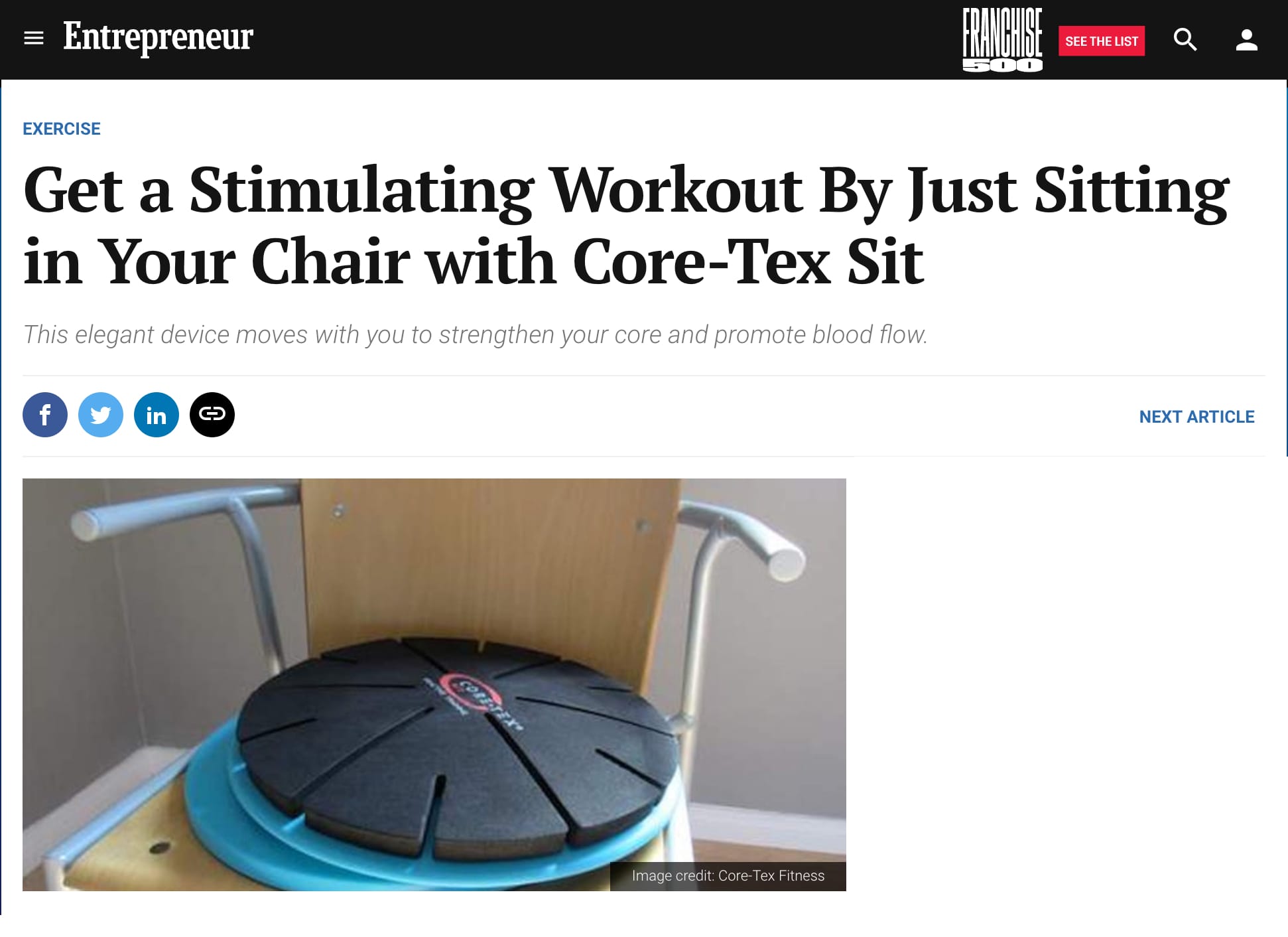 Entrepreneur: Get a Stimulating Workout By Just Sitting in Your Chair with Core-Tex Sit