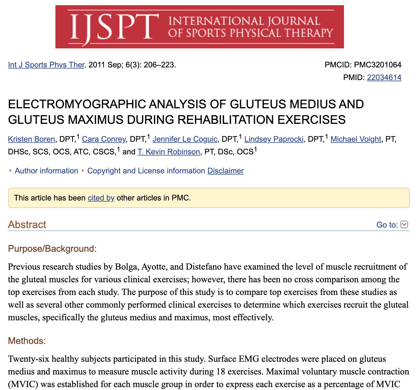 INTERNATIONAL JOURNAL OF SPORTS PHYSICAL THERAPY, SEPTEMBER 2011: Electromyographic Analysis of Gluteus Medius And Gluteus Maximus During Rehabilitation Exercises