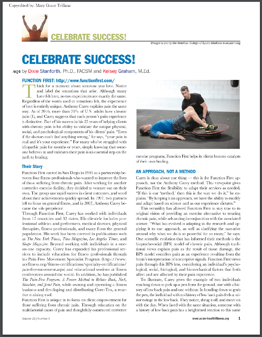 ACSM HEALTH & FITNESS JOURNAL JULY/AUGUST 2019: The Function First Story