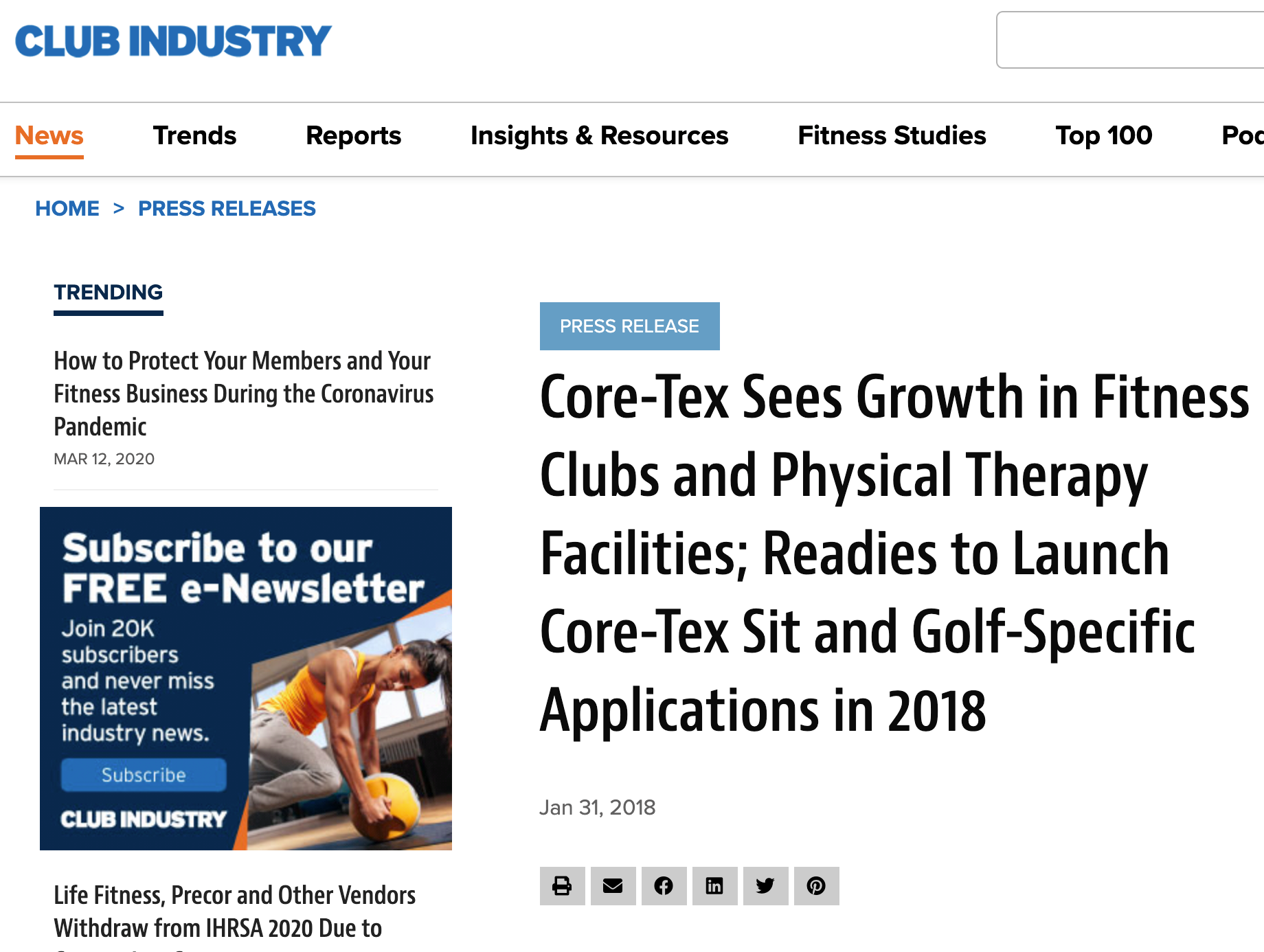CLUB INDUSTRY MAGAZINE, JANUARY 2018: Core-Tex Sees Growth in Fitness Clubs and Physical Therapy Facilities; Readies to Launch Core-Tex Sit and Golf-Specific Applications in 2018