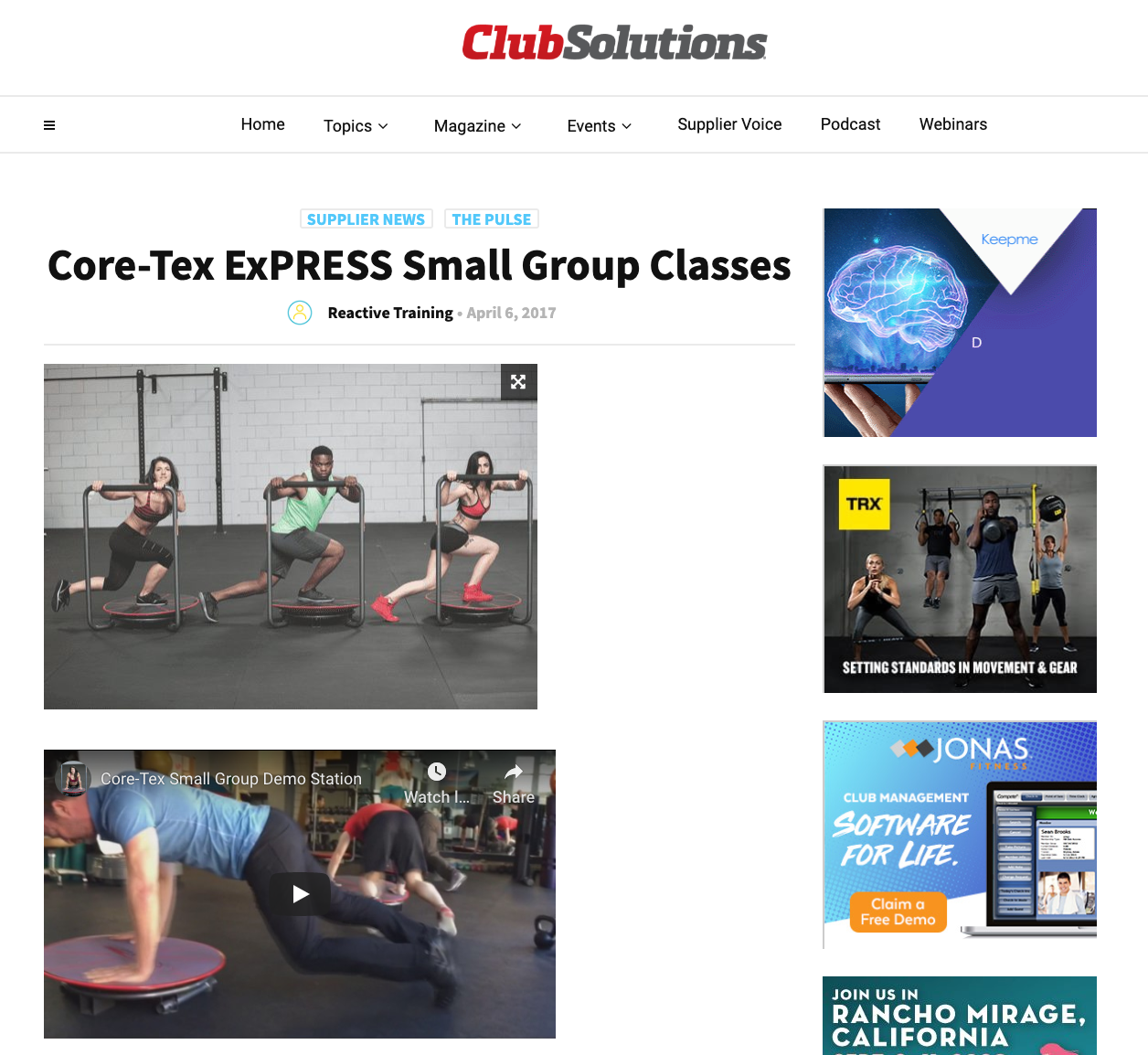 CLUB SLOUTIONS MAGAZINE, APRIL 2017: Core-Tex ExPRESS Small Group Classes