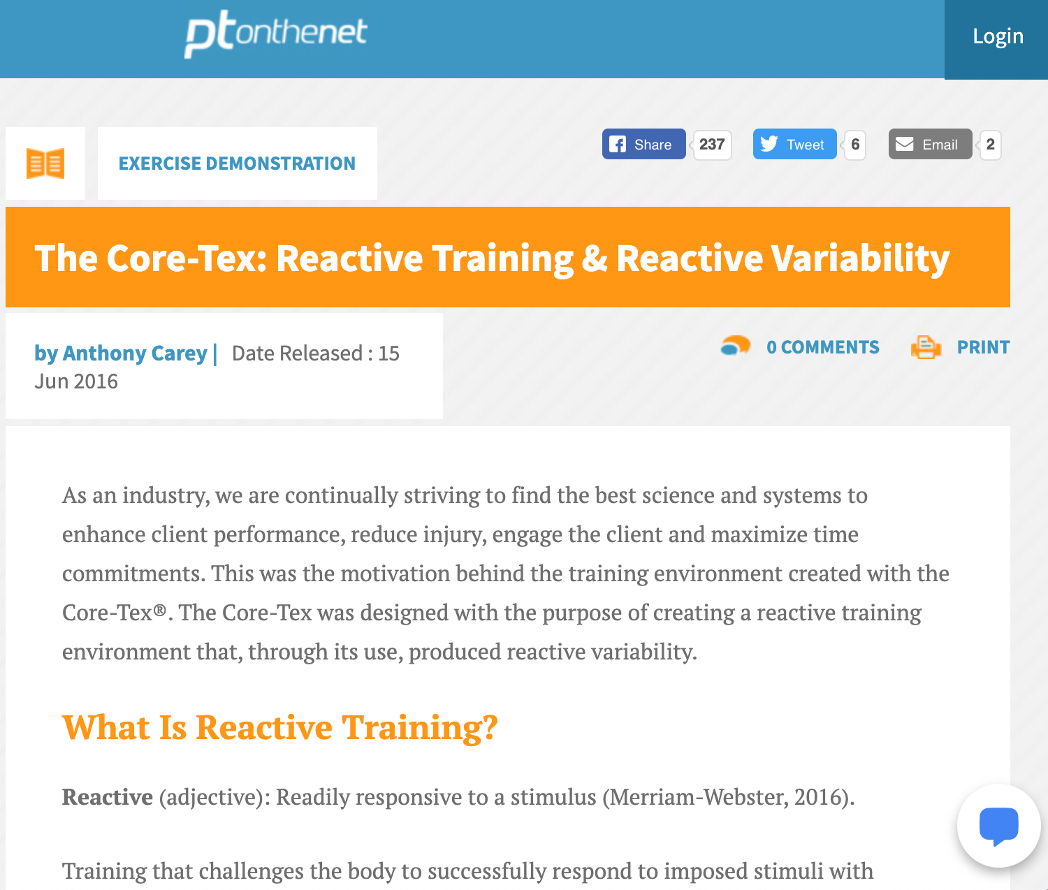 PTONTHENET.COM, JUNE 15, 2016: The Core-Tex: Reactive Training & Reactive Variability