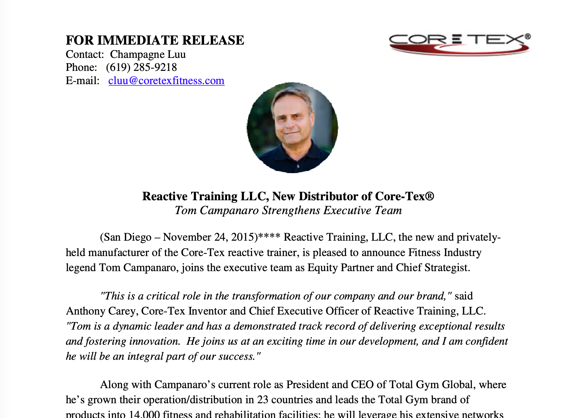 COMPANY PRESS RELEASE, NOVEMBER 24, 2015: Tom Campanaro Joins Reactive Training, LLC