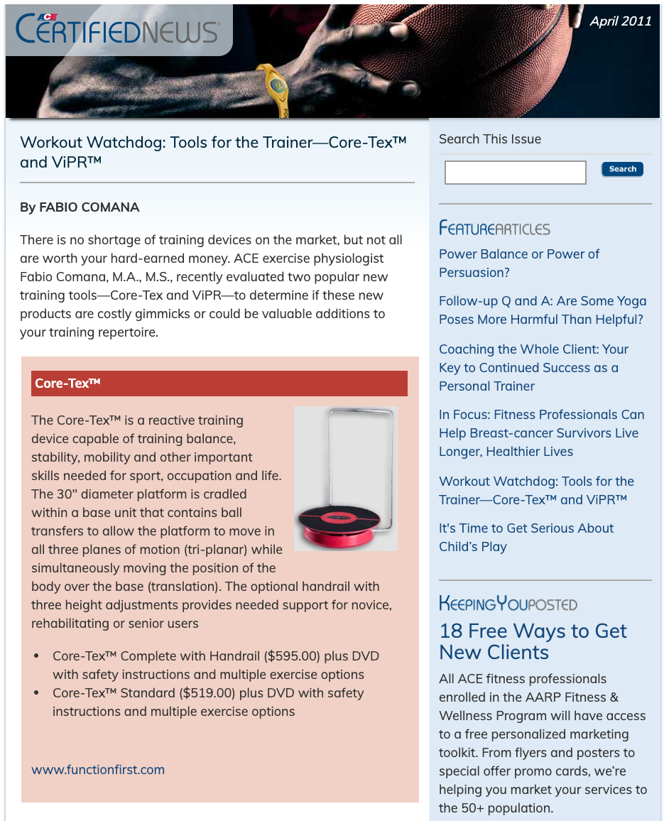 ACE - AMERICA'S AUTHORITY ON FITNESS CERTIFIED NEWS: APRIL 2011: Workout Watchdog: Tools for the Trainer—Core-Tex and ViPR™