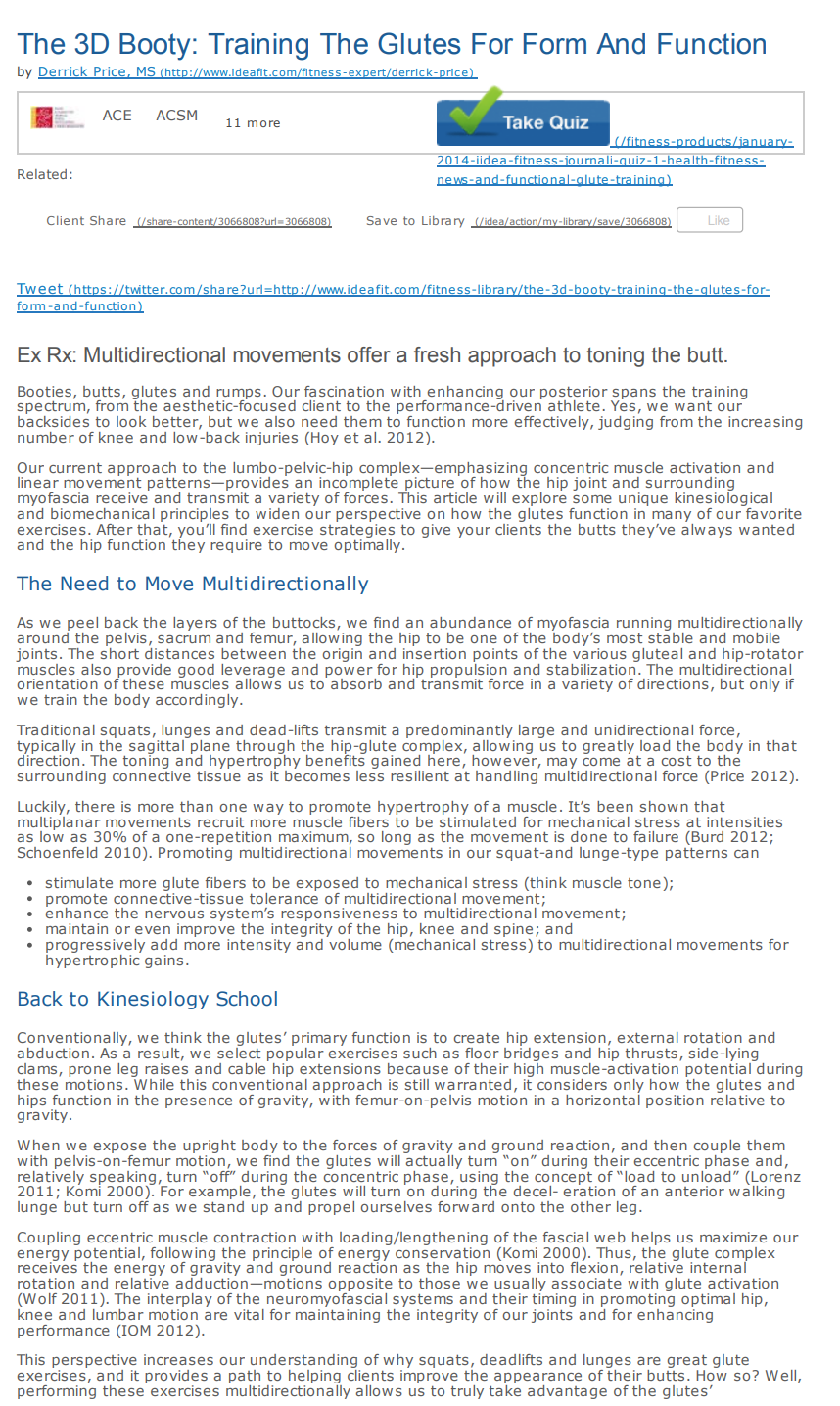 IDEA FITNESS JOURNAL, JANUARY 2014: The 3D Booty: Training The Glutes For Form And Function