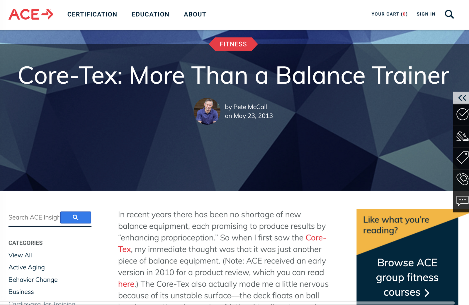 AMERICAN COUNCIL ON EXERCISE (ACE) FITNOVATIVES BLOG, MAY 23, 2013: Core-Tex: More Than a Balance Trainer