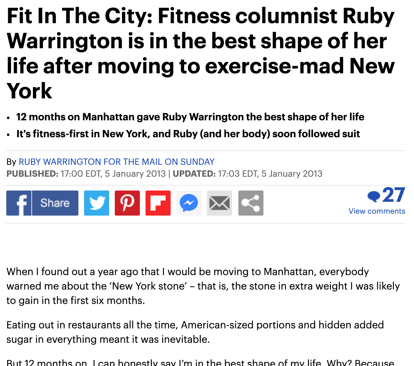 THE DAILY MAIL UK, JANUARY 5, 2013: Fit In The City: Fitness columnist Ruby Warrington is in the best shape of her life after moving to exercise-mad New York