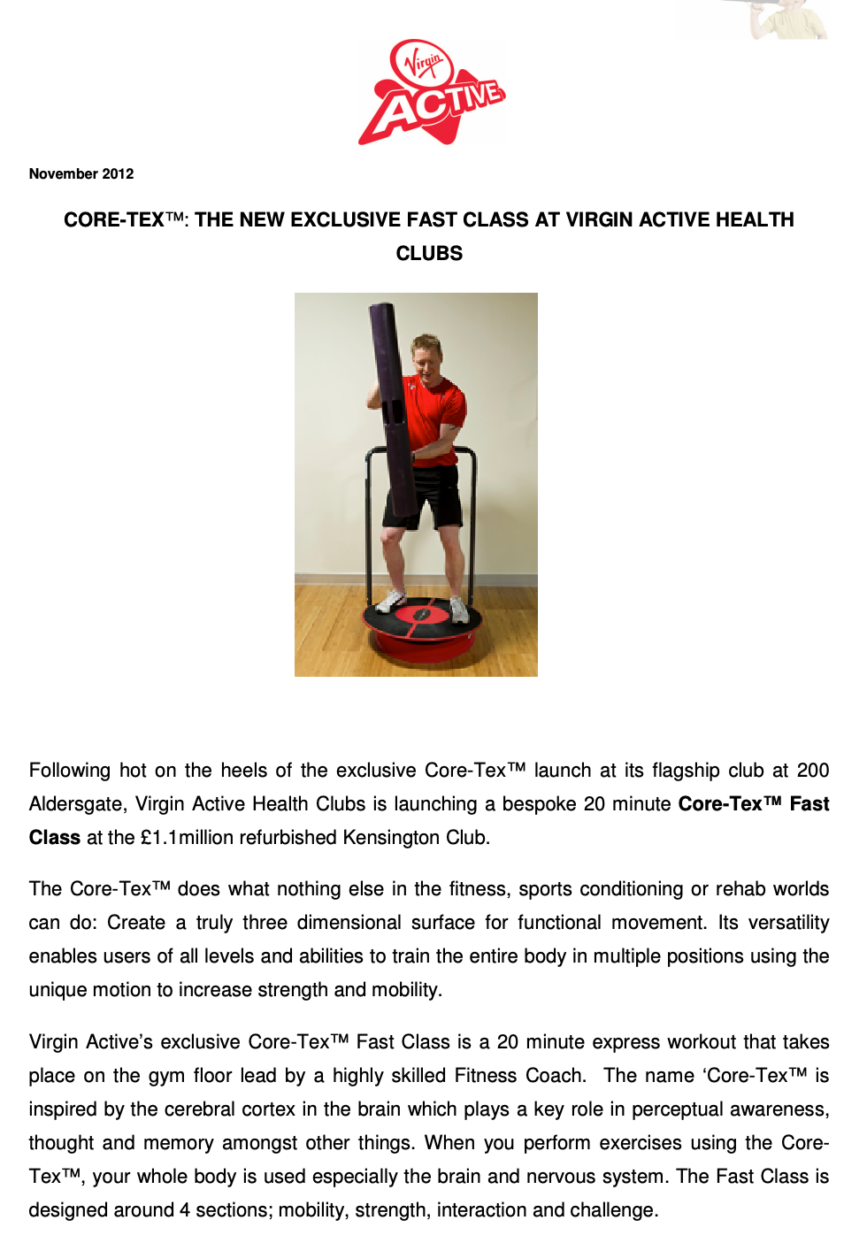 VIRGIN ACTIVE HEALTH CLUBS PRESS RELEASE, NOVEMEBER 2012: CORE-TEX : The New Exclusive Fast Class at Virgin Active Health Clubs
