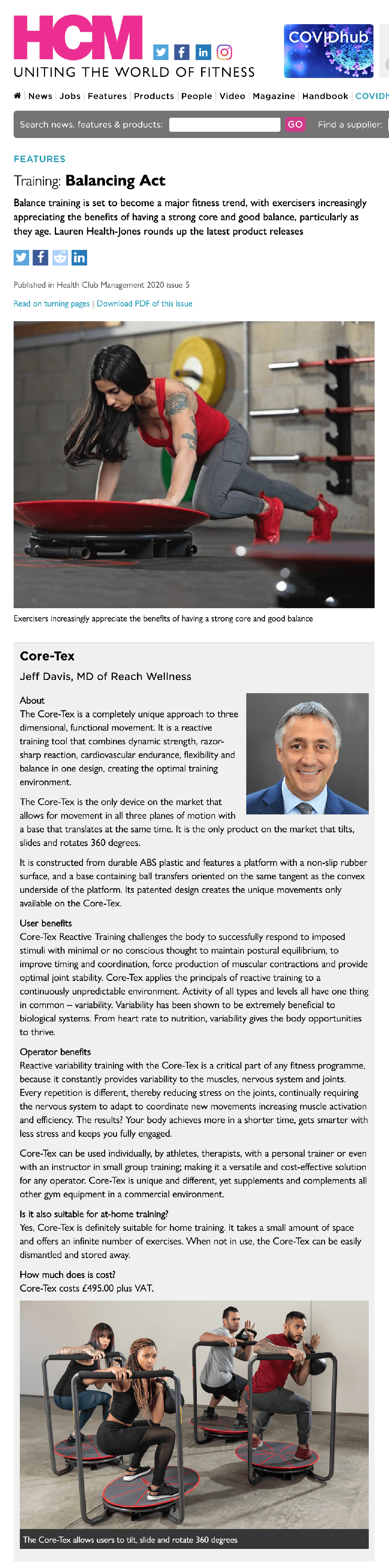 Press article in Health Club Management - Training: Balancing Act