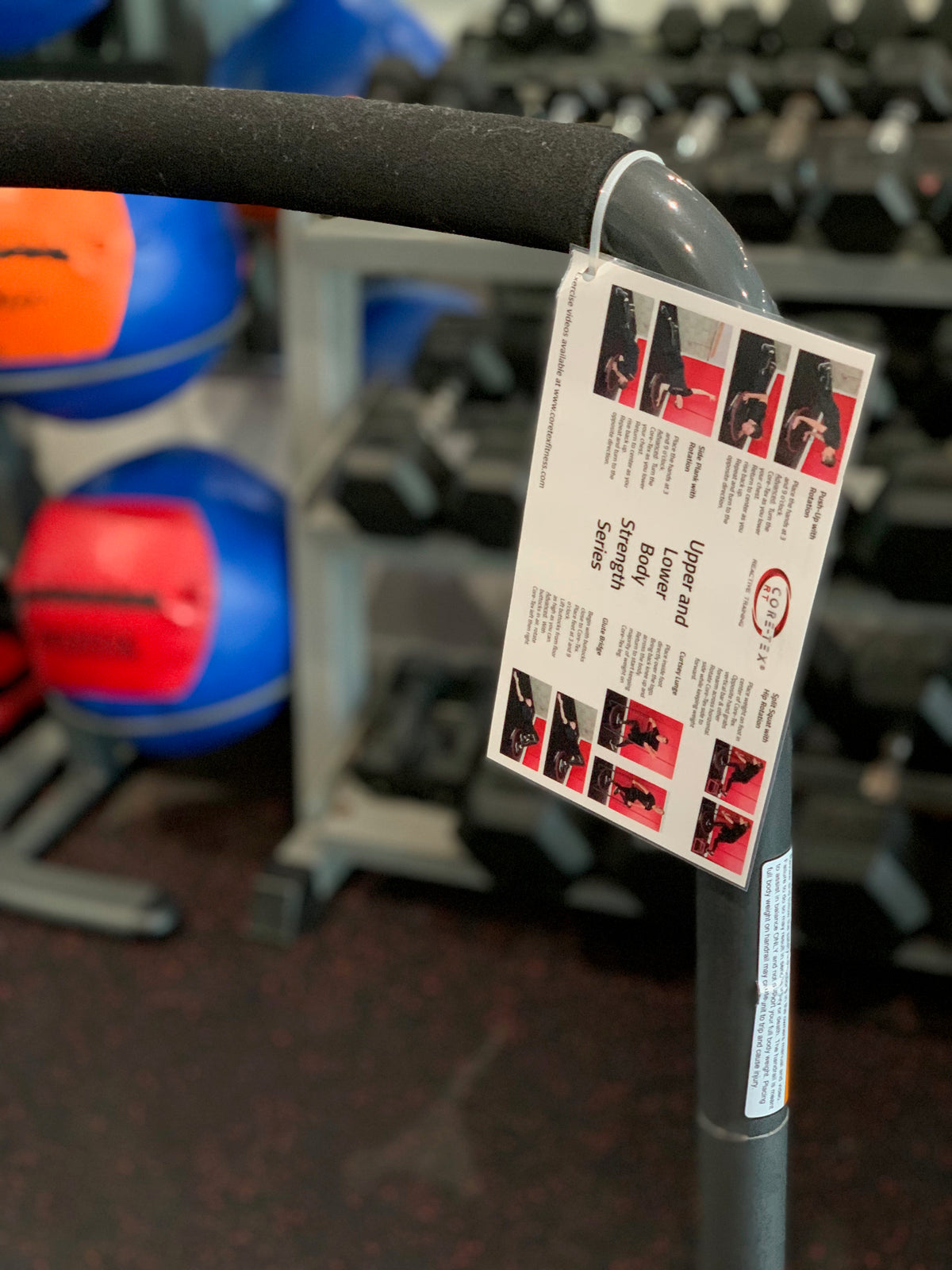 Core-Tex upper and lower body strength series card attached to Core-Tex Reactive Trainer handrail  