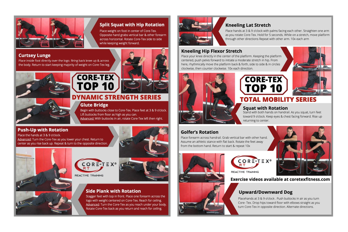 Core-Tex lower and upper body strength and mobility series cards.
